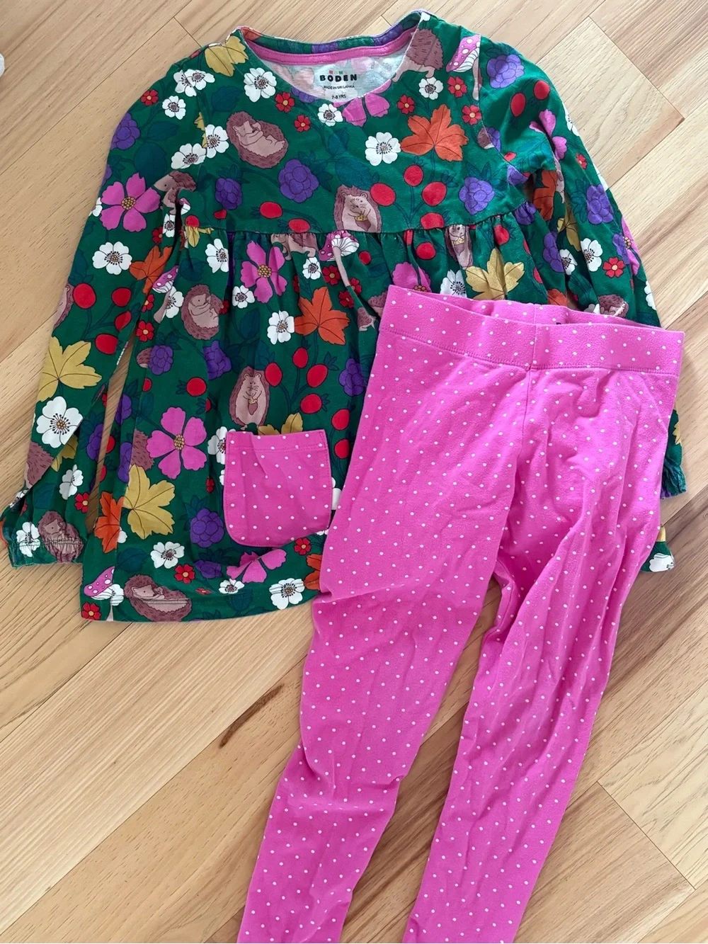 Mini Boden Green Floral Tunic with Pink Polka Dot Leggings